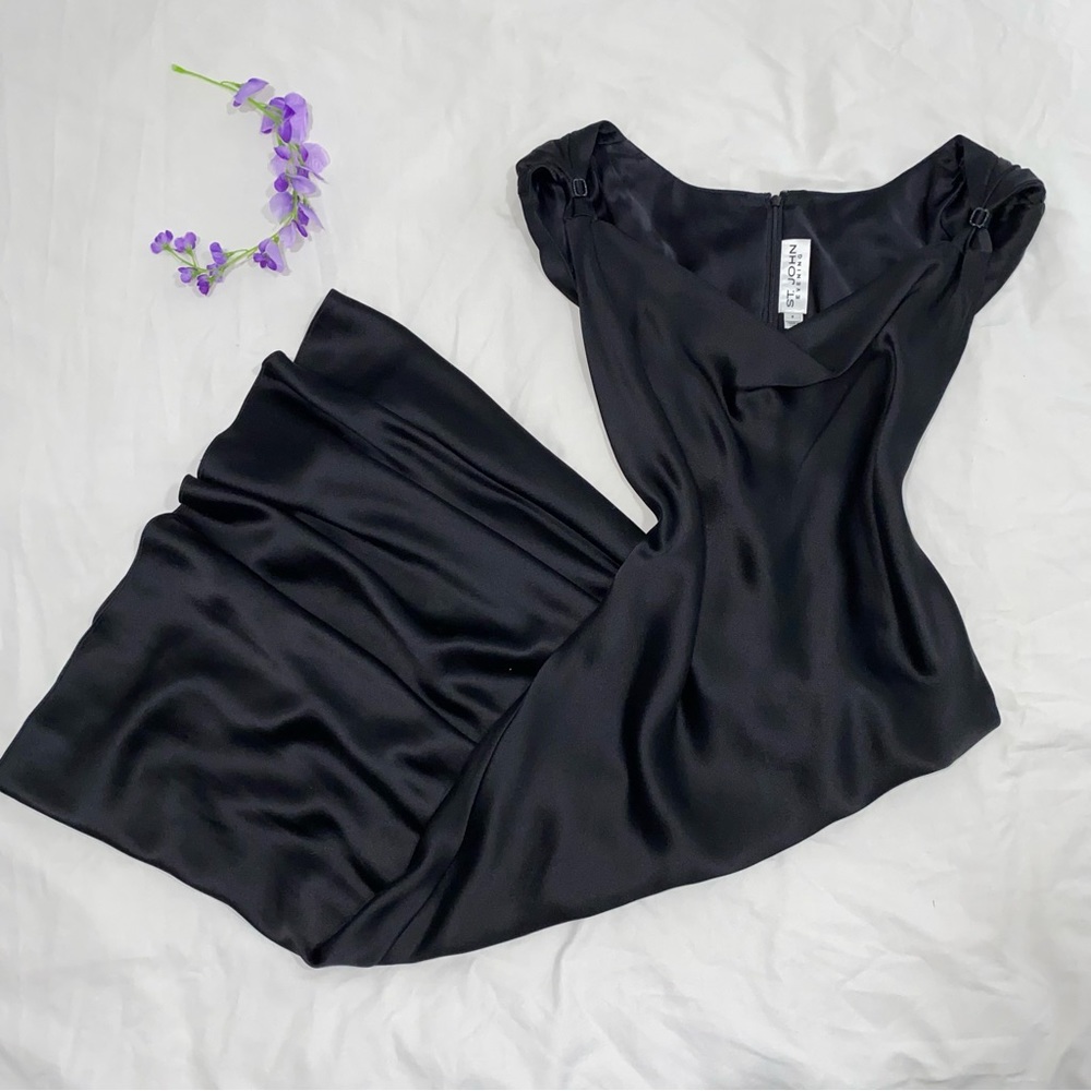 St. John vintage silk black formal ankle length dress with draped neckline.